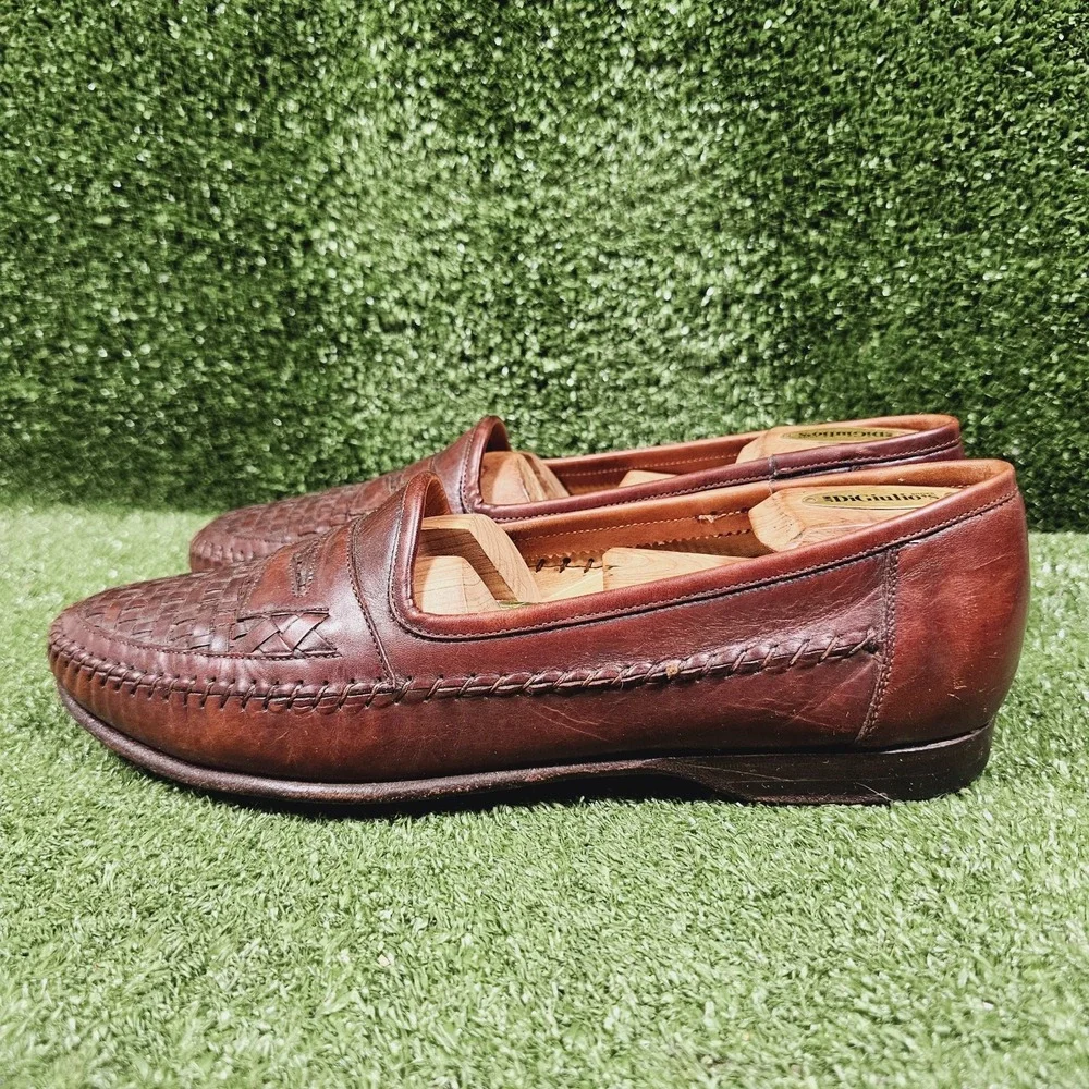 Santoni Woven Brown Leather Slip On Dress Penny Loafers Mens Size 9.5